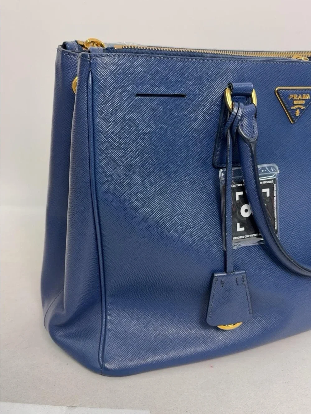 Prada Blue Saffiano Leather Satchel with Gold-Tone Hardware